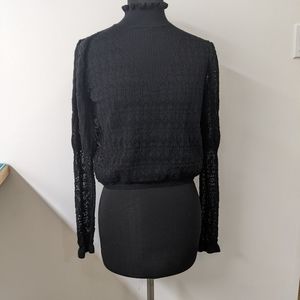 Zara sz L black lacey turtleneck sweater puff sleeves